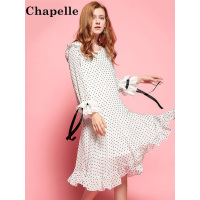 拉夏贝尔Puella秋长袖梭织长连衣裙 袖口花边连衣裙白色