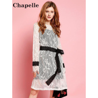 拉夏贝尔Puella秋长袖两件套短连衣裙 蕾丝+汗布白色