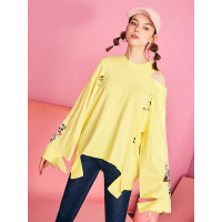 拉夏贝尔Puella秋中长针织套头 撕裂卫衣玫红