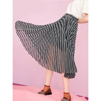 拉夏贝尔Puella秋中长针织裙 亮丝面料斜纹型条纹混色