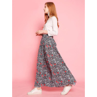 拉夏贝尔Puella秋中长袖两件套长连衣裙民族风印花两件套背带裙印花混色