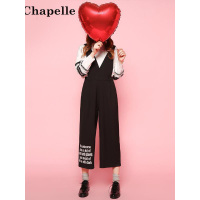 拉夏贝尔Puella秋长梭织连体装 裤脚字母印花连体装黑色