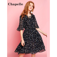 拉夏贝尔Puella秋短袖梭织短连衣裙75D强捻荷叶领收腰浅蓝