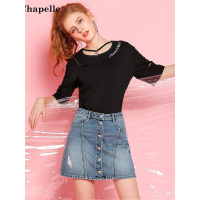 拉夏贝尔Puella秋短针织TEE（短袖） cindyla绣字TEE黑色