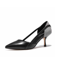 阿么2018秋季新款小尖头胎牛皮格子布侧空时尚细高跟气质四季单鞋女