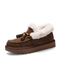阿么冬季新款牛皮真皮翻毛流苏扁头奶奶鞋冬鞋厚底保暖加厚加毛雪地靴