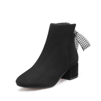 阿么秋冬新款时尚格子蝴蝶结中跟舒适粗跟百搭侧拉链小短靴女