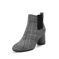 阿么秋冬新款时尚格子布粗高跟百搭松紧带中筒小短靴切尔西靴