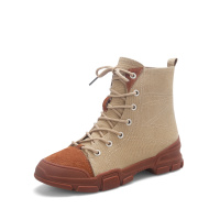 阿么反绒皮牛仔布拼接毛里保暖系带拼色短靴时尚真皮马丁靴女