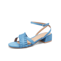 阿么夏季韩版圆头荷叶边甜美低跟女鞋脚环绑带一字扣露趾凉鞋女