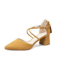 阿么春夏韩版小尖头交叉绑带流苏粗跟女鞋包头高跟鞋绒面凉鞋女