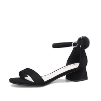 阿么夏季一字带简约女鞋露趾低跟脚环扣带毛绒球韩版百搭凉鞋女