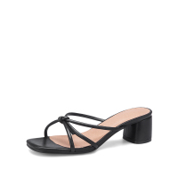 阿么夏季粗跟女鞋交叉带方头时尚韩版凉鞋中跟高跟鞋欧美风凉鞋