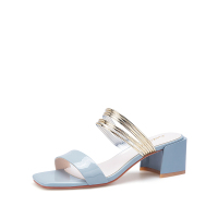 阿么夏季一字带金属简约韩版小方头粗跟中跟外穿拖鞋时尚凉鞋女