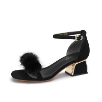 阿么凉鞋女仙女风包跟学生可爱夏季高跟毛毛球一字带温柔中跟女鞋