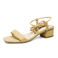 阿么夏季高跟凉鞋女百搭绑带网红超火中跟一字带仙女风学生粗跟鞋