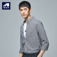 墨麦客男装2018春夏新品格子翻领长袖衬衫男士青年休闲衬衣薄