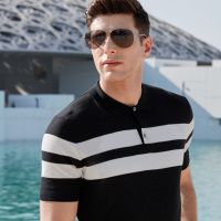 千纸鹤休闲polo衫男短袖 2019年夏季新款针织条纹撞色保罗衫25103