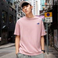 No.1dara男士短袖t恤宽松纯色刺绣粉色丅恤夏季纯棉圆领潮流半袖