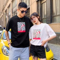 No1dara情侣短袖t恤男韩版简约上衣情侣装印花落肩宽松圆领体恤潮