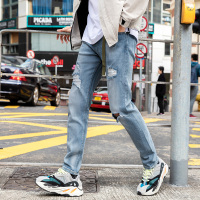 No1dara韩版破洞牛仔裤浅色直筒裤子百搭学生宽松潮流牛仔休闲裤