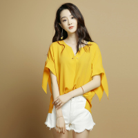 No1dara短袖衬衫女荷叶袖V领领口订珠雪纺小衫女款衬衣女士衬衫