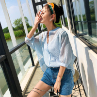 No1dara夏装新品立领经典条纹简约女士五分袖衬衫