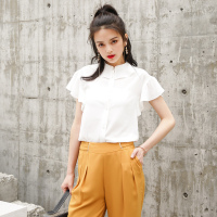 No1dara夏装新品纯色荷叶领袖口百搭女士短袖衬衫