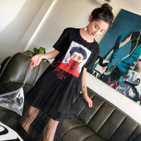 No1dara夏装新品圆领显瘦人像印花装饰女士气质连衣裙