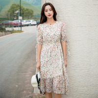 No1dara连衣裙女夏装新品经典碎花系带装饰五分袖收腰气质仙女裙