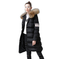 初语字母贴布仿貉子毛连帽羽绒服女中长款大毛领外套