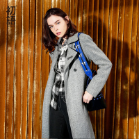 初语大翻领绣花宽松系带花灰呢子英伦风中长款毛呢大衣女