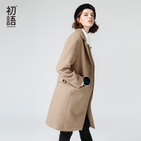 初语呢子大衣大翻领宽松字母刺绣花章长款毛呢外套女