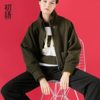 初语机车风宽松修身净色毛呢外套直筒短款大衣女
