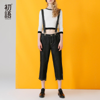 初语背带裤女趣味几何黑色纯棉刺绣开叉中腰牛仔裤