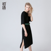初语休闲简约五分袖开叉修身中长款连衣裙女女气质裙