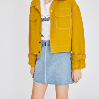 初语工装外套女港风复古韩版黄色短款单排扣上衣