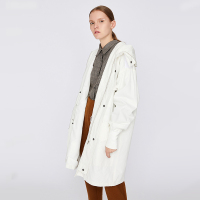 初语白色连帽收腰女式风衣宽松中长款休闲外套大衣