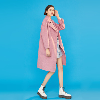 初语紫色毛呢外套女韩版宽松中长大口袋气质双面尼大衣