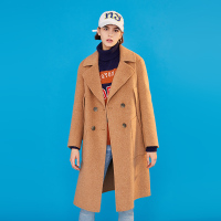 初语呢大衣女中长大口袋宽松驼色绵羊毛双面尼外套