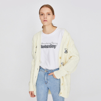 初语毛衣外套女装星球提花V领宽松中长款毛针织开衫