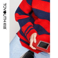 初语宽松毛衣女粗条纹落肩袖圆领套头毛针织衫上衣