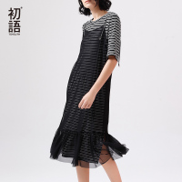 初语黑白条纹两件套连衣裙纱裙女韩版复古中长裙