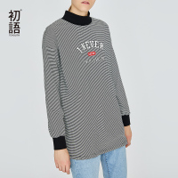 初语半高领条纹T恤女装中长字母印花纯棉韩版打底衫