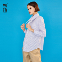 初语慵懒风条纹衬衫女长袖宽松韩版尖领设计感衬衣