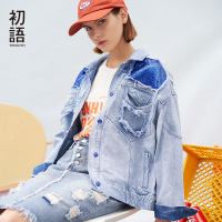 初语短外套女破洞亮片撞色翻领长袖宽松牛仔夹克潮