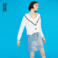 初语白色针织衫女V领镂空韩版宽松长袖短款原宿毛衣