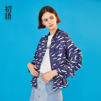 初语外套女时尚荷叶边立领撞色涂鸦印花抽绳棒球服