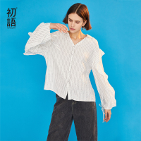 初语很仙的上衣洋气衬衫女荷叶边袖宽松条纹衬衣