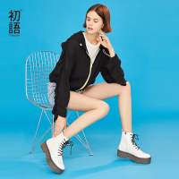 初语黑色外套女荷叶边长袖连帽宽松收腰短开衫显瘦